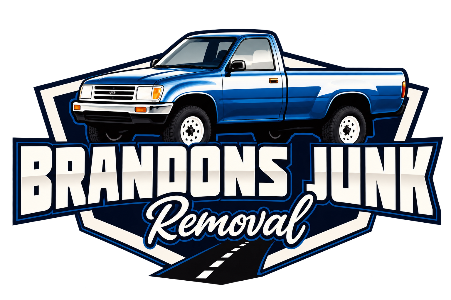 Brandons Junk Removal blue and white pickup truck logo